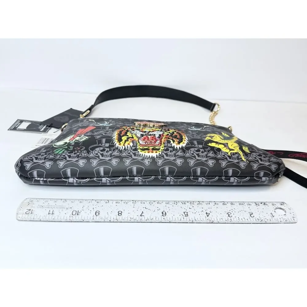 Ed Hardy Black Striking Tiger Tattoo Art With Rhinestones Shoulder Bag w/Charms